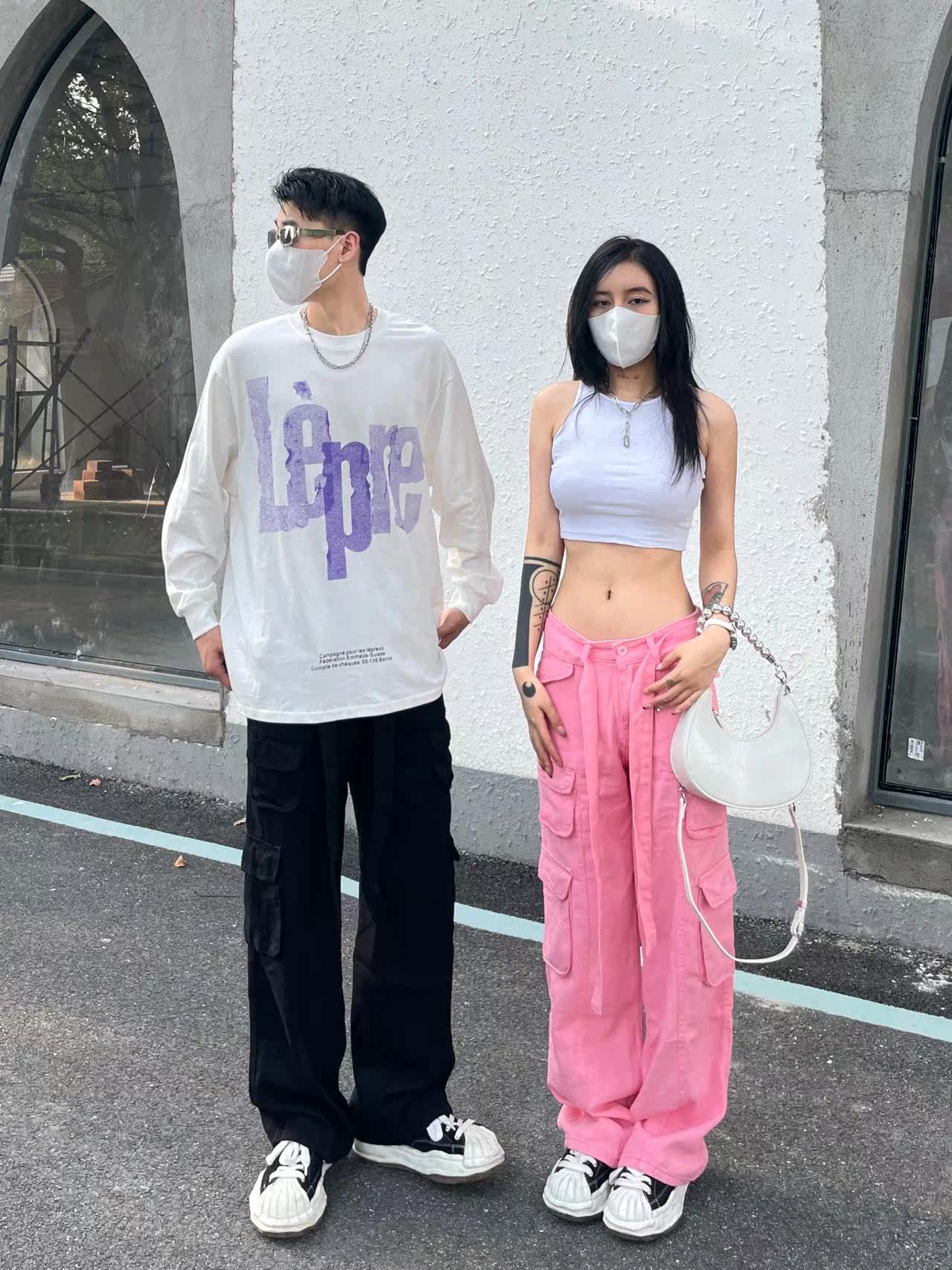 Casual workwear pants for men and women, hip-hop trend ins high street pink denim pants, high-waisted loose wide-leg couple pants Item Picture